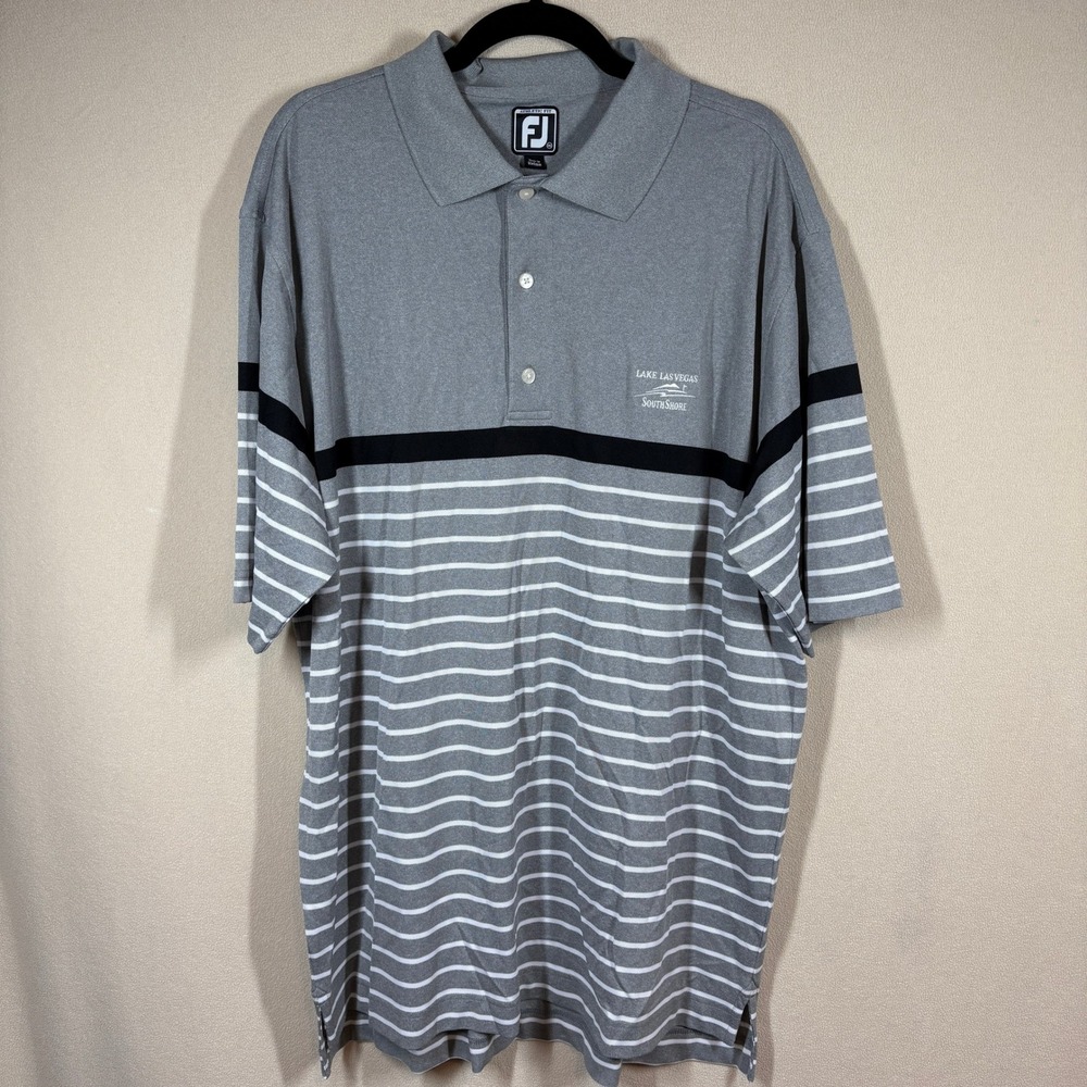 FootJoy Mens XXL Gray Striped Athletic Fit Polo Lake Las Vegas South Shore Golf